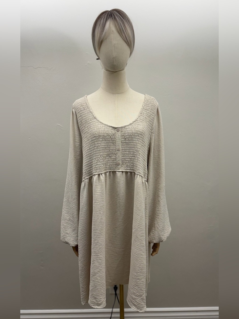 Dokotoo Women’s Beige Boho Babydoll Dress 2XL Long Sleeve Smocked Dress